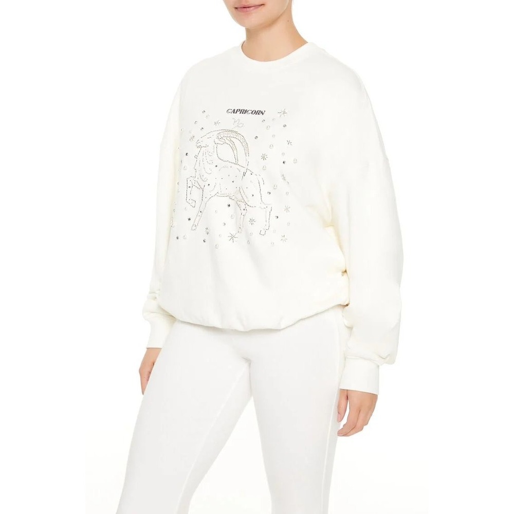 Forever 21 Capricorn Zodiac Embellished Sweatshirt XL White Beaded Celestial NWT